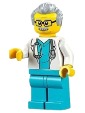 LEGO Doctor - Male, White Lab Coat with Stethoscope, Medium Azure Scrubs, Light Bluish Gray Hair, Glasses minifigure