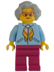 LEGO Woman, Bright Light Blue Jacket, Magenta Legs, Light Bluish Gray Hair, Magenta Glasses minifigure