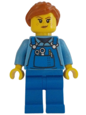 LEGO Janitor - Female, Medium Blue Shirt and Blue Overalls, Blue Legs, Dark Orange Hair minifigure