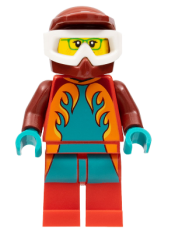 LEGO Stuntz Driver, Wheelie Stunt, Dark Red Dirtbike Helmet, Red Legs, Dark Turquoise and Orange Flames minifigure