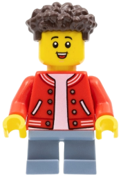 LEGO Boy, Red Jacket with Striped Trim, Sand Blue Short Legs, Dark Brown Hair minifigure