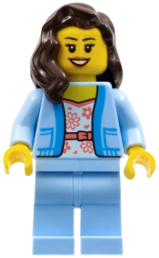 LEGO Female, White Shirt with Coral Flowers, Bright Light Blue Jacket and Legs, Dark Brown Hair minifigure