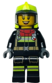 LEGO Fire - Female, Black Jacket and Legs with Reflective Stripes and Red Collar, Neon Yellow Fire Helmet, Trans-Black Visor (Sarah Feldman) minifigure