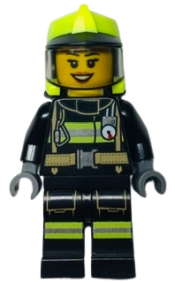 LEGO Fire - Female, Black Jacket and Legs with Reflective Stripes, Neon Yellow Fire Helmet, Trans-Black Visor minifigure