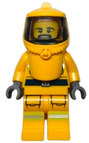 LEGO Fire - Reflective Stripes, Bright Light Orange Suit and Hood Hazard with Trans-Black Face Shield, Beard minifigure