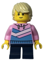 LEGO Bright Pink Hoodie, Medium Blue and White Diagonal Stripes, Dark Blue Short Legs, Tan Hair, Freckles, Smile minifigure