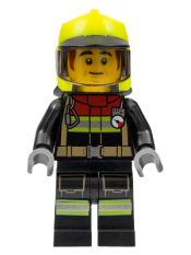 LEGO Fire - Male, Black Jacket and Legs with Reflective Stripes and Red Collar, Neon Yellow Fire Helmet, Trans-Black Visor, Dark Orange Sideburns (Bob& minifigure