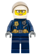 LEGO Police - City Motorcyclist Female, Leather Jacket with Gold Badge and Utility Belt, White Helmet, Trans-Black Visor, Glasses, and Open Mouth Smile minifigure
