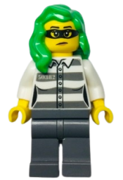LEGO Police - Jail Prisoner 50382 Prison Stripes, Female, Dark Bluish Gray Legs, Frown with Black Mask, Green Hair minifigure