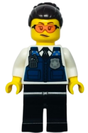 LEGO Police - Officer Gracie Goodhart, Dark Blue Vest, Black Pants, Orange Goggles, and Dark Brown Hair with Bun minifigure