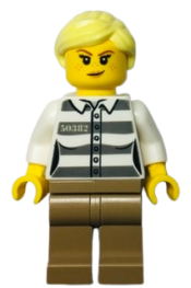 LEGO Police - Jail Prisoner 50382 Prison Stripes, Female, Dark Tan Legs, Smirk with Peach Lips, and Bright Light Yellow Ponytail minifigure