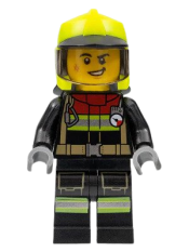 LEGO Fire - Male, Black Jacket and Legs with Reflective Stripes and Red Collar, Neon Yellow Fire Helmet, Trans-Black Visor minifigure
