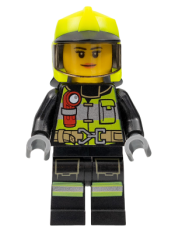 LEGO Fire - Reflective Stripes with Utility Belt and Flashlight, Neon Yellow Fire Helmet, Trans-Black Visor, Peach Lips minifigure