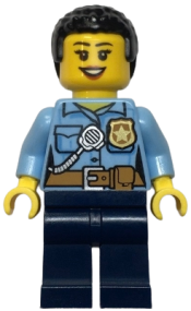 LEGO Police - City Officer Female, Bright Light Blue Shirt with Badge and Radio, Dark Blue Legs, Short Black Curly Hair minifigure