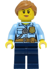 LEGO Police - City Officer Female, Bright Light Blue Shirt with Badge and Radio, Dark Blue Legs, Medium Nougat Hair minifigure