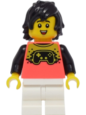 LEGO Boy - Coral Shirt with Video Game Controller, White Medium Legs, Black Hair minifigure