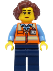 LEGO School Bus Driver - Female, Orange Safety Vest with Reflective Stripes, Dark Blue Legs, Reddish Brown Hair minifigure