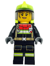 LEGO Fire - Female, Black Jacket and Legs with Reflective Stripes and Red Collar, Neon Yellow Fire Helmet, Trans-Black Visor, Dark Bluish Gray Splotches minifigure