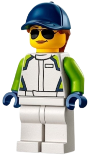 LEGO Race Car Mechanic - Female, White Race Jacket and Legs, Dark Blue Cap with Dark Orange Hair minifigure