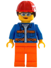 LEGO Construction Worker - Female, Blue Open Jacket with Pockets and Orange Stripes, Orange Legs, Red Construction Helmet with Dark Brown Hair minifigure