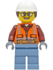 LEGO Construction Worker - Female, Orange Safety Vest, Reflective Stripes, Reddish Brown Shirt, Sand Blue Legs, White Construction Helmet with Dark Brown H minifigure