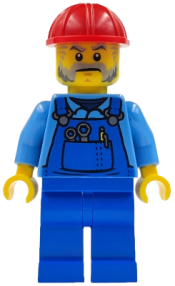 LEGO Mechanic Male with Red Construction Helmet, Beard, Medium Blue Shirt, and Blue Overalls, with Back Print minifigure