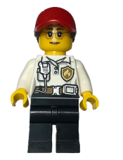 LEGO Fire - Female White Shirt with Fire Logo Badge and Belt, Black Legs, Red Cap with Ponytail minifigure