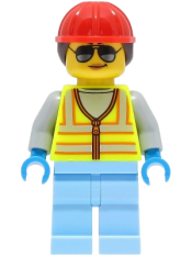 LEGO Space Engineer - Female, Neon Yellow Safety Vest, Bright Light Blue Legs, Red Construction Helmet with Dark Brown Hair minifigure
