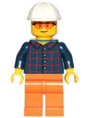 LEGO Construction Worker - Male, Dark Blue Plaid Button Shirt, Orange Legs, White Construction Helmet, Orange Safety Glasses minifigure