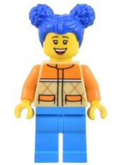 LEGO Woman - Tan and Orange Quilted Vest, Dark Azure Legs, Blue Pigtails, Freckles minifigure