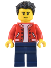 LEGO Man - Red Jacket, Dark Blue Legs, Black Hair, Smirk and Cheek Lines minifigure