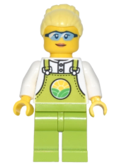 LEGO Farmer Peach - Lime Overalls over White Shirt, Lime Legs, Bright Light Yellow High Bun, Glasses minifigure