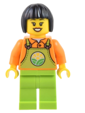 LEGO Farmer - Female, Lime Overalls over Orange Shirt, Lime Legs, Black Short Hair minifigure
