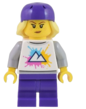 LEGO Electric Scooter Rider - White Shirt with Mountains, Dark Purple Medium Legs, Freckles, Dark Purple Helmet, Bright Light Yellow Hair minifigure