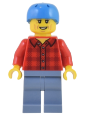 LEGO Electric Scooter Rider - Red Flannel Shirt, Sand Blue Legs, Light Bluish Gray Eyebrows, Dark Azure Helmet minifigure