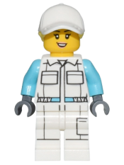 LEGO Electric Scooter Attendant - White Jumpsuit with Pockets, White Legs with Pocket, Peach Lips, White Cap minifigure