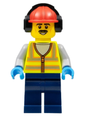 LEGO Stuntz Crew, Male, Red Hard Hat with Earmuff, Neon Yellow Safety Vest, Dark Blue Legs minifigure