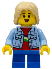 LEGO Stuntz Spectator - Child, Long Tan Hair, Bright Light Blue Jacket over Red Shirt, Blue Short Legs minifigure