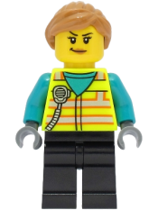 LEGO Train Driver - Female, Neon Yellow Safety Vest, Black Legs, Medium Nougat Hair minifigure