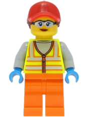 LEGO Reach Stacker Driver - Female, Neon Yellow Safety Vest, Orange Legs, Red Cap with Reddish Brown Ponytail minifigure