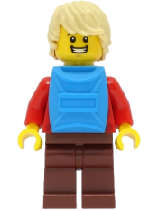 LEGO Passenger - Male, Red Plaid Flannel Shirt, Reddish Brown Legs, Tan Hair, Dark Azure Backpack minifigure