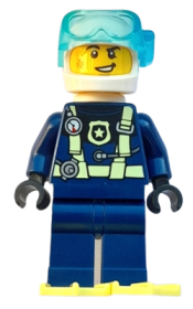 LEGO Police - City Officer Dark Blue Diving Suit with Yellowish Green Harness, White Helmet, White Air Tanks, Cheek Scuff, Bright Light Yellow Flippers minifigure