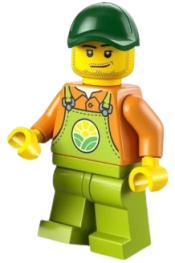 LEGO Farmer - Male, Lime Overalls over Orange Shirt, Lime Legs, Dark Green Cap minifigure