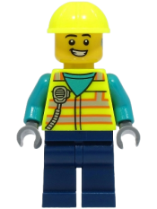 LEGO Utility Truck Driver - Male, Neon Yellow Safety Vest and Helmet, Dark Blue Legs minifigure