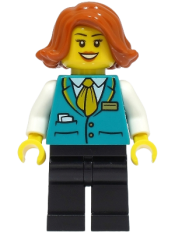 LEGO Bus Driver - Female, Dark Turquoise Vest, Black Legs, Dark Orange Hair minifigure
