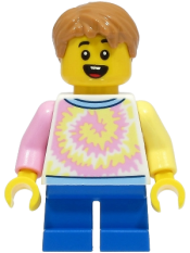 LEGO Boy - White Shirt with Swirl, Blue Short Legs, Medium Nougat Hair minifigure