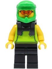LEGO Food Delivery Cyclist - Male, Lime Hoodie, Black Legs, Bright Green Helmet, Neck Bracket minifigure