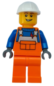 LEGO Construction Worker - Male, Orange Overalls with Reflective Stripe and Buckles over Blue Shirt, Orange Legs, White Construction Helmet, Open Lopsided Grin minifigure