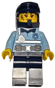 LEGO Police - City Officer Female Bright Light Blue Shirt with Silver Stripe, Badge, and Radio, Dark Blue Legs, Dark Blue Dirt Bike Helmet, Splotches minifigure