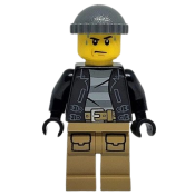 LEGO Police - City Bandit Crook, Black Leather Jacket, Dark Bluish Gray Knit Cap, Dark Tan Legs, Sweat Drops minifigure